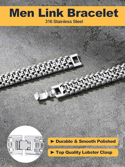 U7 Link Bracelets for Men, Cuban Link/Rope/Watch Band Solid Bracelet, Silver Black Gold Color Wrist Bracelet 3/6/9/12/15mm Width, 6.5/7.5/8.3 Inch Length, Hand Chain Jewelry for Mens Women