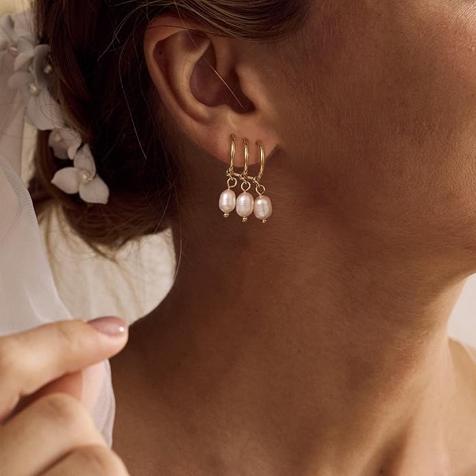 14K Gold Plated Pearl Dangle Earrings for Women, Small Pearl Drop Huggie Hoop Earrings, Hypoallergenic Dainty Gold Wedding Earrings Jewelry Gifts for Women Trendy