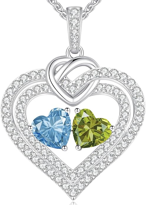 LOUISA SECRET Sparkling Double Heart Birthstone Necklaces for Women, 925 Sterling Silver Fine Jewelry, Pendant Heart Necklaces Birthday Anniversary Christmas Gift for Women Wife Mom Girlfriend Lady