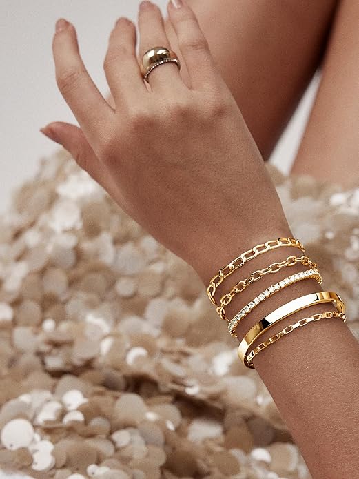 Gold Bracelets for Women Non Tainish,Dainty Bracelets Stack for Women Trendy, Gold Plated Cuff Bracelets Stack With Beaded Cuban Paperclip Snake Rope Bangle Hand Chain Jewelry Gifts for Women