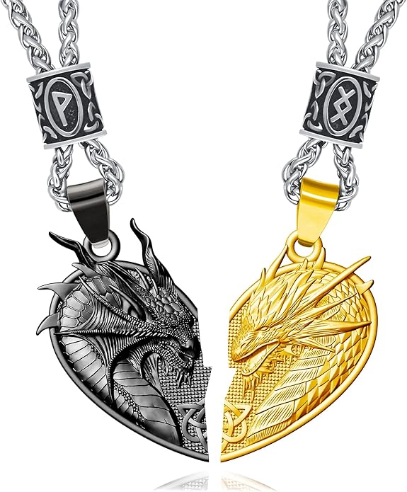 ZiWuark Matching Dragon Necklace Couples Viking Heart Necklace Jewelry for Men Women with Rune Beads