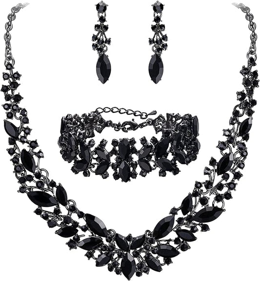 BriLove Women's Wedding Bridal Austrian Crystal Marquise Cluster Collar Necklace Dangle Earrings Set
