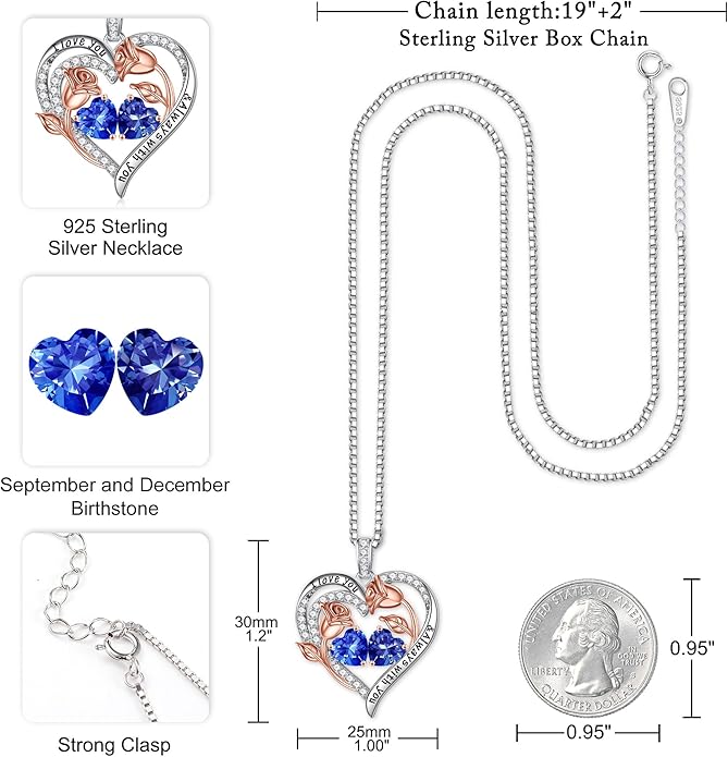 Iefil Birthstone Necklace for Women - 925 Sterling Silver Rose Heart Birthstone Necklace Birthday Anniversary Jewelry Gifts for Her Wife Mom Daughter