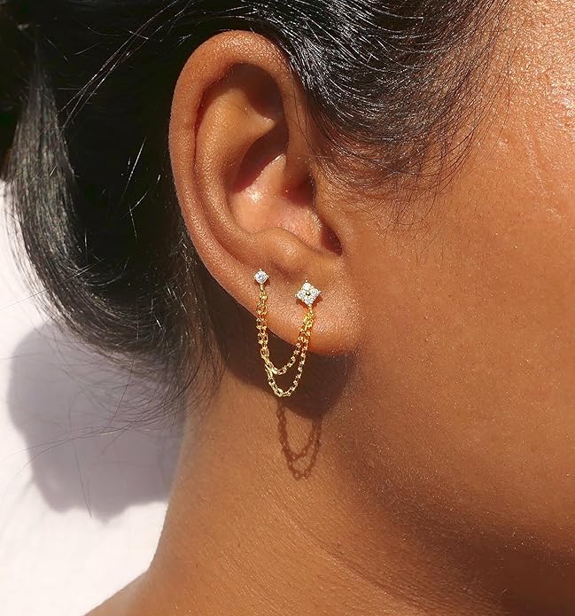 Freekiss Gold Chain Studs Earrings for Women Trendy: Hypoallergenic 14K Gold Plated Dangle Earrings Dainty Small Long Chain Earring Set Fashion Gold Jewelry for Women