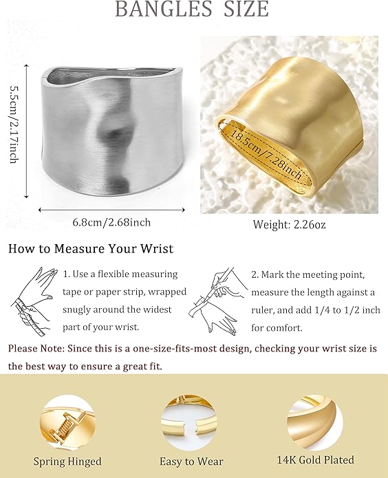 Bangle Bracelets for Women | 14K Gold Plated Trendy Wide Bracelets | Hinged Arm Cuff Bangles Chunky Bracelet for Women