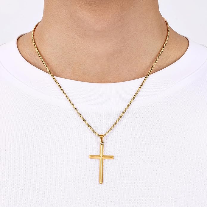 Fiusem Beveled Edge Cross Necklace for Men, Silver Tone/Black/14K Gold Plated Mens Cross Necklace, 2.5MM Stainless Steel Box Chain with Pendant