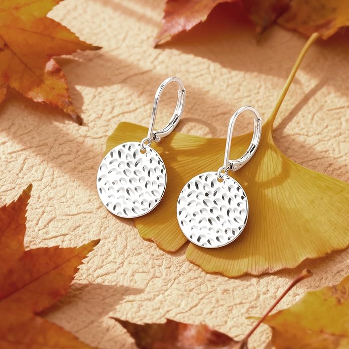 ALEXCRAFT 925 Sterling Silver Dangle Earrings for Women, 14K Gold Plated Geometric Flat Round Disc Hammered Coin Drop Earring Hypoallergenic Lightweight Leverback Earrings for Women Trendy Jewelry