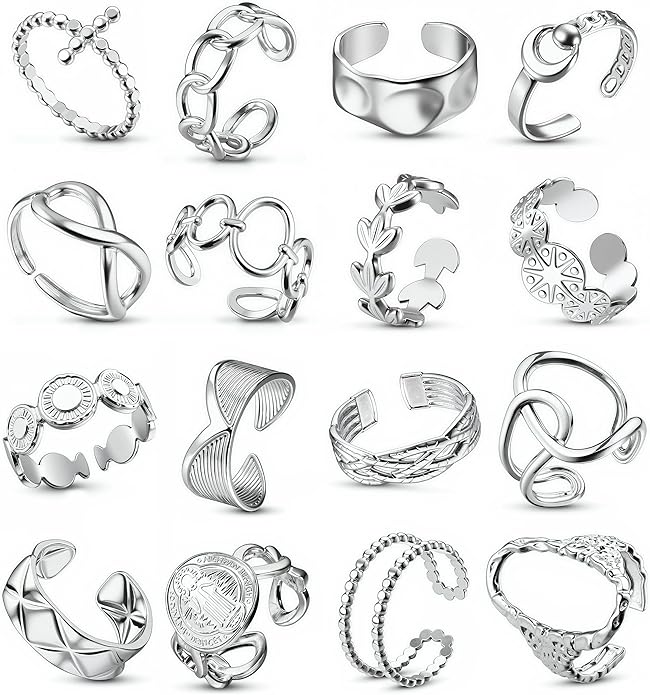 LOLIAS 16Pcs Stainless Steel Rings for Women Chunky Silver Rings Non Tarnish Stackable Ring Open Adjustable Thumb Finger Statement Rings Set