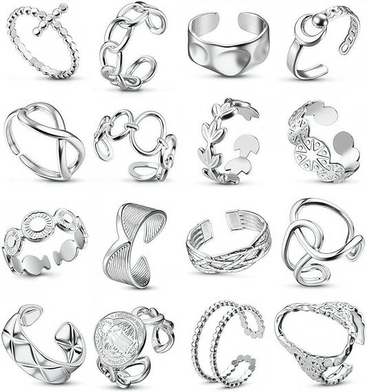 LOLIAS 16Pcs Stainless Steel Rings for Women Chunky Silver Rings Non Tarnish Stackable Ring Open Adjustable Thumb Finger Statement Rings Set