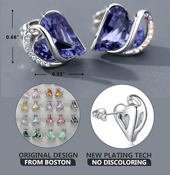 Earrings for Women, Mothers Day Gift for Mom, Heart Birthstone Crystal Stud Earring, Silver Plated Birthday Jewelry