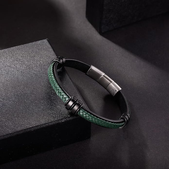 Leather Bracelet for Men with Adjustable Stainless Steel Magnetic Clasp Multi-Layer Braided Mens Leather Bracelet