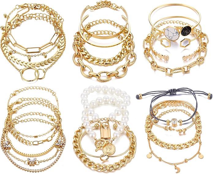 17IF 18-25 PCS(6 Pack) Boho Gold Bracelets Set for Women Stackable Chunky Dainty Bangles Adjustable Chain Flat Cuff Cuban Punk Charm Bundle Jewelry