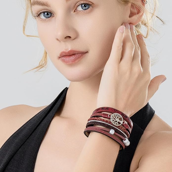 FANCY SHINY Tree of Life Leather Wrap Bracelet Inspirational Cuff Bangles Boho Pearl Bracelets with Magnetic Clasp Unique Jewelry Gifts for Women