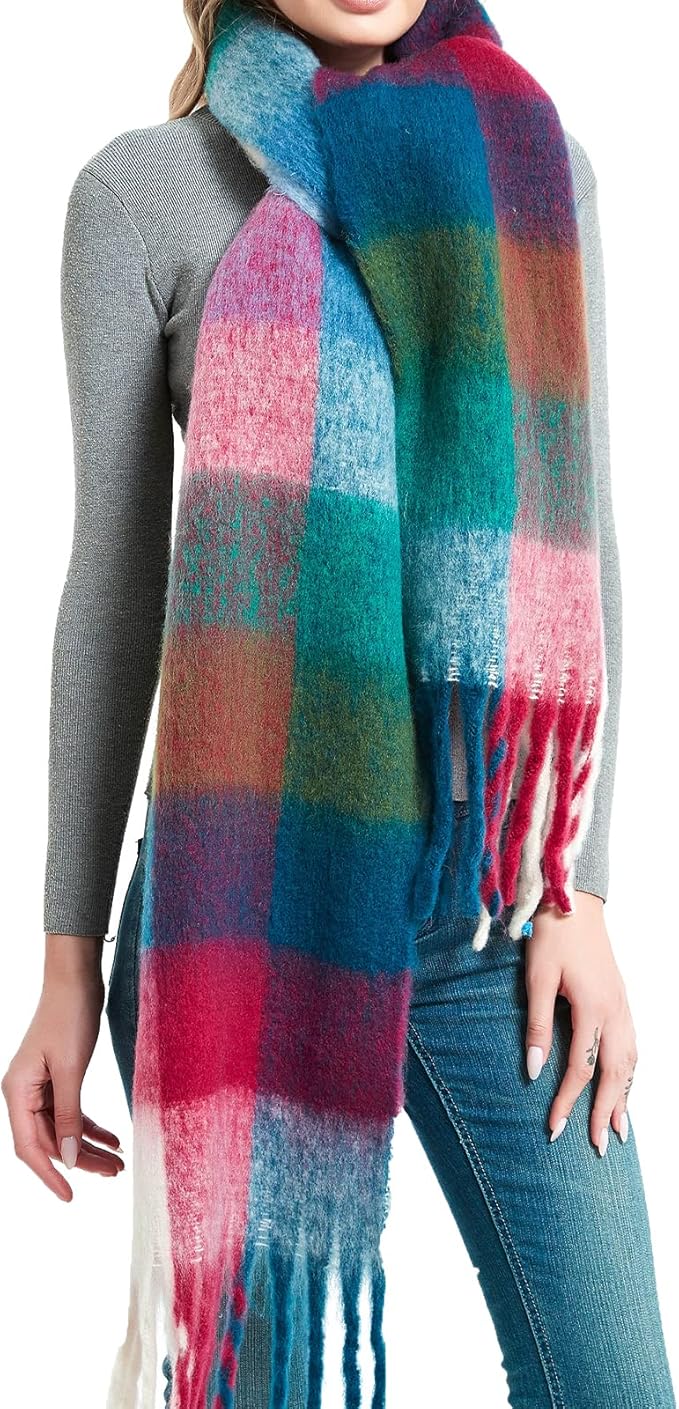 SHOHOKU Large Chunky Plaid Scarf Coloured Checked Oversized Scarf Tassel Soft Fall Winter Thick Warm Shawl Women