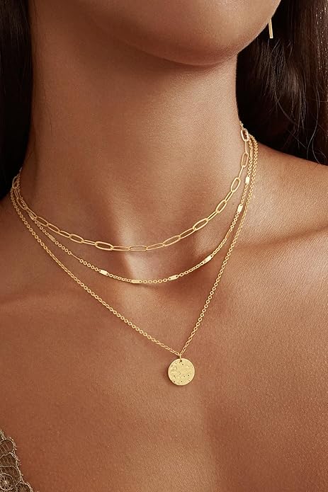 JECOMY Layered Gold Necklace for Women, 14K Gold Plated Necklace Stack for Women, Dainty Adjustable Gold Necklace Set
