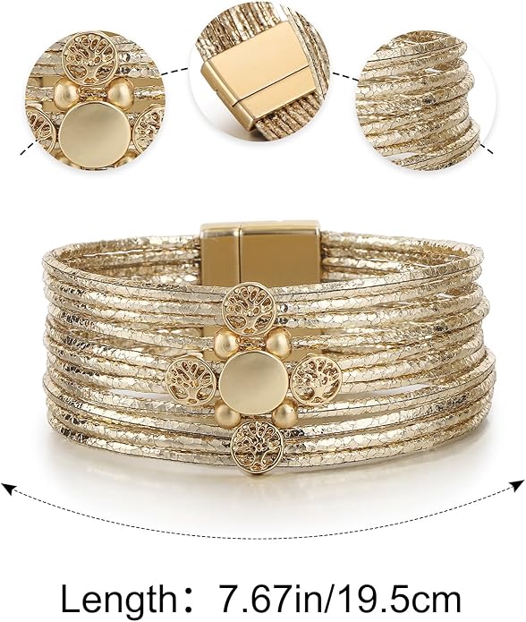 Edoneery Leather Wrap Bracelet for Women, Boho Handmade Multi-Layer Cuff with Crystal Beads Heart, Stackable Bangle Western Jewelry Gift