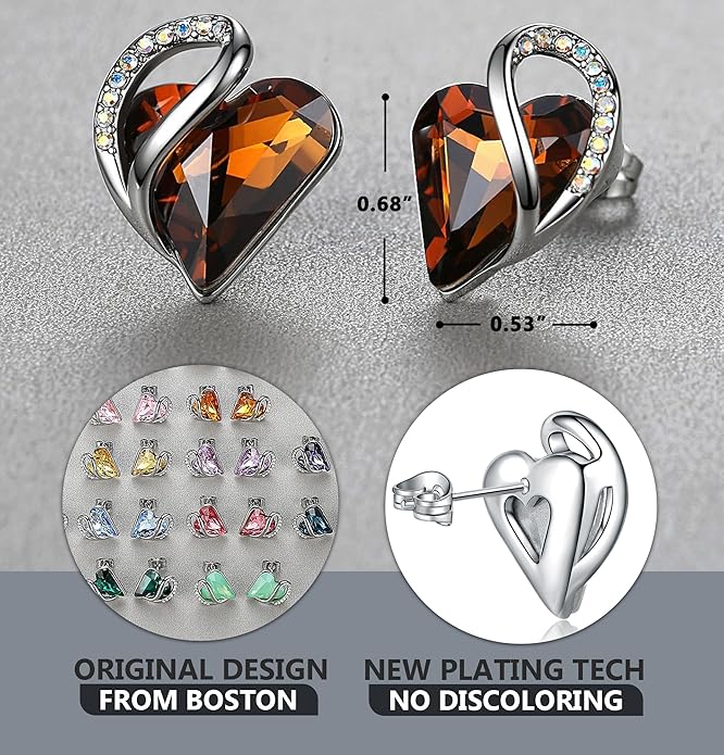 Earrings for Women, Mothers Day Gift for Mom, Heart Birthstone Crystal Stud Earring, Silver Plated Birthday Jewelry