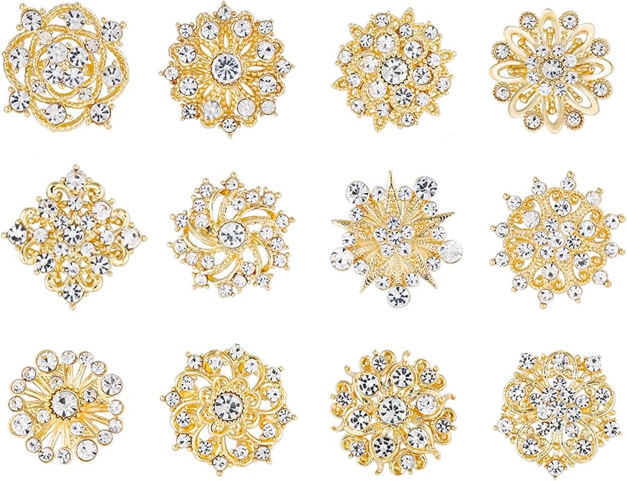 Assorted Small Size Crystal Rhinestone Flower Brooch Pins Set for Crafts Embellishment, Wedding Bouquet Brooches for Women Fashion