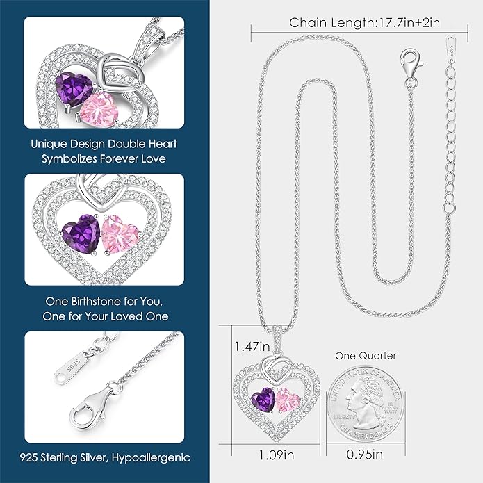 LOUISA SECRET Sparkling Double Heart Birthstone Necklaces for Women, 925 Sterling Silver Fine Jewelry, Pendant Heart Necklaces Birthday Anniversary Christmas Gift for Women Wife Mom Girlfriend Lady
