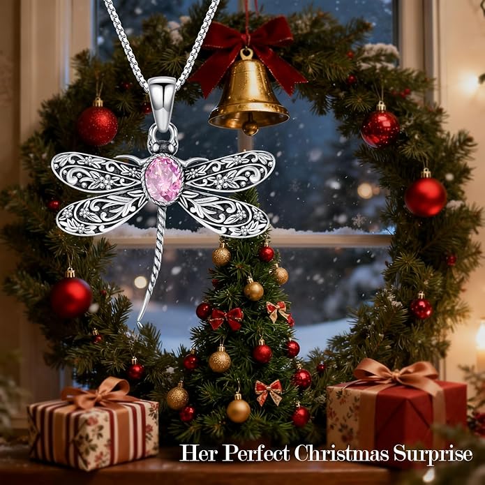 Vintage Dragonfly Necklace for Women 925 Sterling Silver, Oval Birthstone Dragonfly Pendant Boho Jewelry Birthday Gift for Her, Mom, Grandma