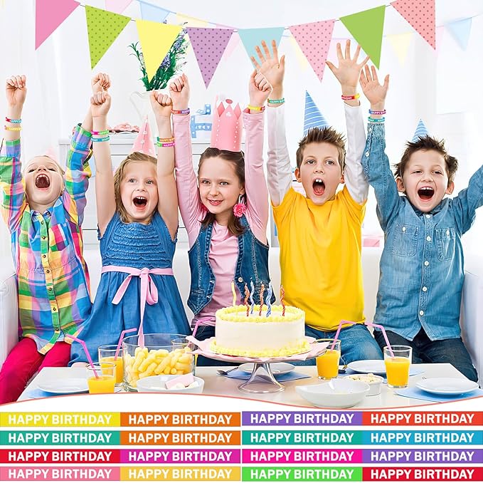 JUNEBRUSHS 64pcs Happy Birthday Rubber Bracelets Bulk Colored Rubber Silicone Wristbands for Students Teachers Classroom Reward Gifts Birthday Decorations Party Favors Supplies(16 Designs)