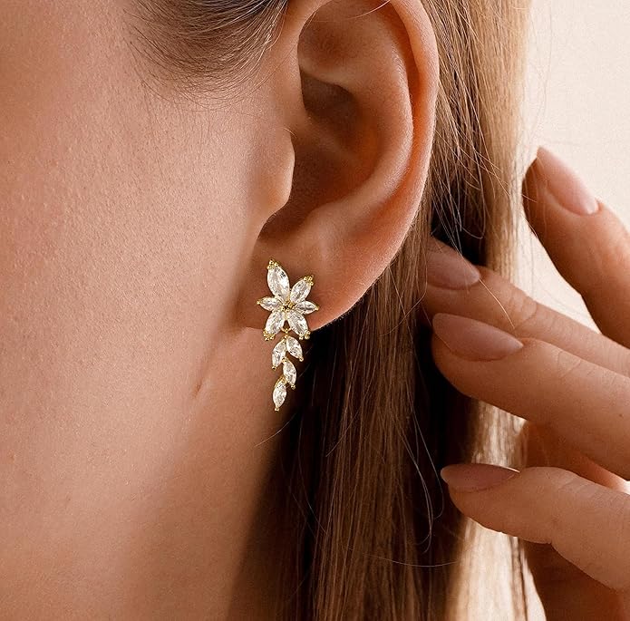 Gold Earrings for Women,Dainty 14k Gold Plated Pearl Drop Earring Dangle Pearl Dangling Earrings for Women Trendy Small Cute Wedding CZ Earring Long Chain Threader Prom Jewelry Gifts