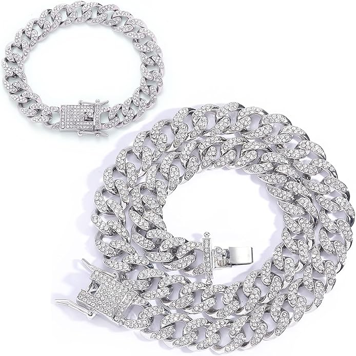 EMESLY Miami Cuban Link Chain 14K Gold Plated Necklace (16, 18, 20, 22, 24, 30 Inches Length); Hip Hop Bracelet (8" Length) for Men & Women; Perfect Iced Out Bling Jewelry Gift