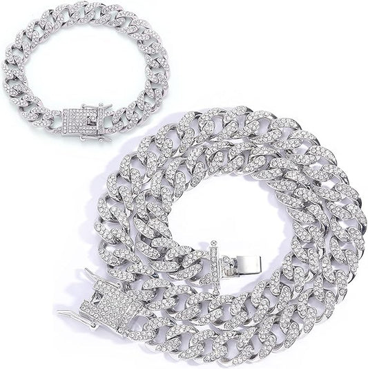 EMESLY Miami Cuban Link Chain 14K Gold Plated Necklace (16, 18, 20, 22, 24, 30 Inches Length); Hip Hop Bracelet (8" Length) for Men & Women; Perfect Iced Out Bling Jewelry Gift