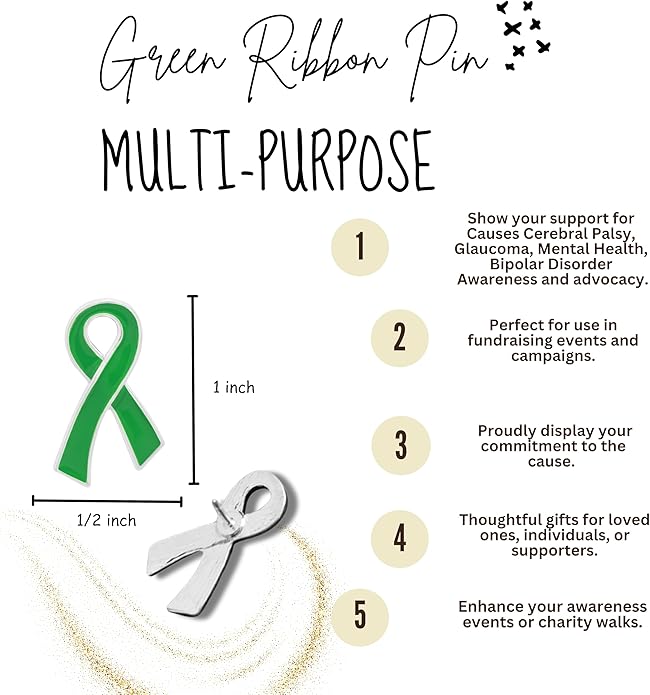 Green Ribbon Awareness Pins - Wholesale Pack Pins for Cerebral Palsy, Glaucoma, Mental Health, Bipolar Disorder, Organ Donation, Liver Cancer- Perfect for Gift-Giving and Fundraising