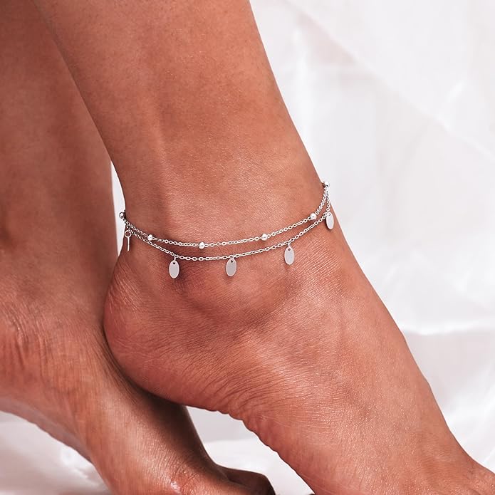 CHIC & ARTSY 925 Sterling Silver Ankle Bracelet Multilayer Anklets for Women Satellite, Star, Cross, Circle, Butterfly, Teardrop, Oval Disk Layered Anklet Beach Jewelry
