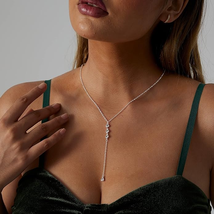 Gold Y Necklace for Women 14K Gold Plated Y-Shaped Drop Necklaces CZ Long Necklace Cubic Zirconia Pendant Layered Long Lariat Necklace Women Jewelry