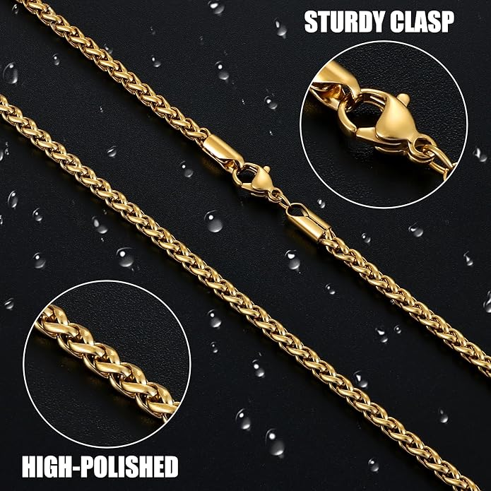 Fiusem Black Wheat Chains for Men and Women, 2/2.5/3/4/5mm Stainless Steel Necklace Chain, Mens Necklace Jewelry Gift 16-28 Inch