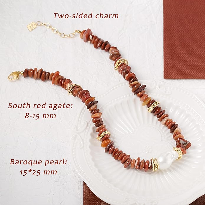 Chunky Statement Stone Beaded Necklace, Big Baroque Pearl Gold Choker, Trendy Boho Colorful Stone Jewelry