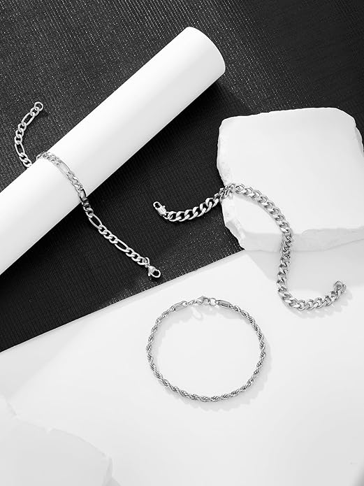 3 PCS Silver Bracelets for Men 925 Sterling Silver/14K Gold Palted Cuban Link Chain Bracelet Figaro Rope Bracelet Set Mens Jewelry Gifts for Dad Husband Boyfriend 7.5/8.2 Inches