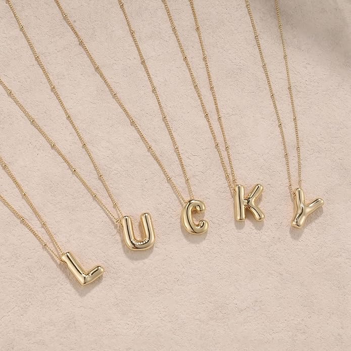 Initial Necklaces for Women, 14k Gold Plated Bubble Letter Necklace Chunky Gold Necklace Dainty Charm Initial Necklaces for Women Trendy Custom Preppy Stocking Stuff Necklace Christmas Gifts