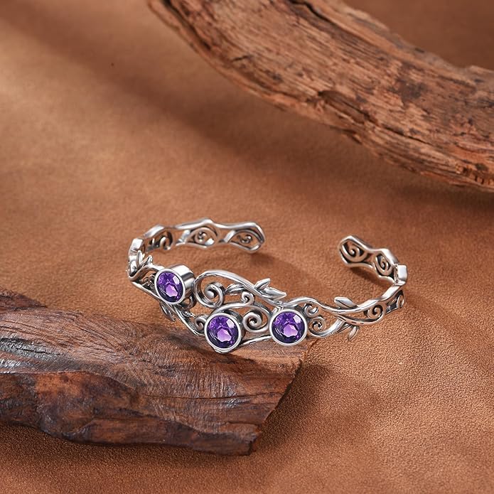 Three Amethysts Vine Cuff Bracelet Sterling Silver Adjustable Bohemian Bangle, February Birthstone Gift for Her Purple Crystal Healing Jewelry