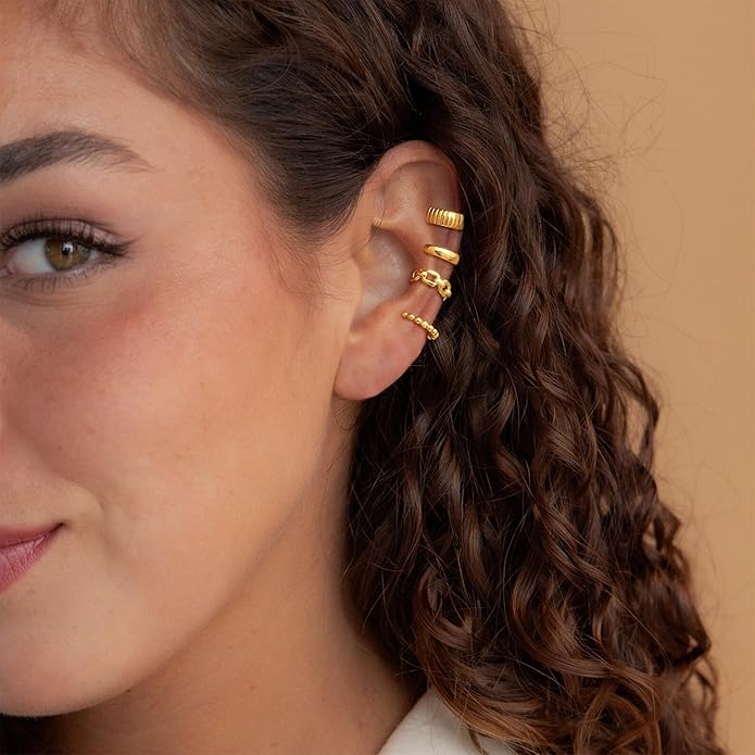 Gold Ear Cuffs Earrings for Women Non Piercing - Clip on Cartilage Earrings Dainty 14K Gold Sterling Silver Plated Cubic Zirconia Huggie Hoop Earring for Women No Tarnish Trendy Jewelry Set