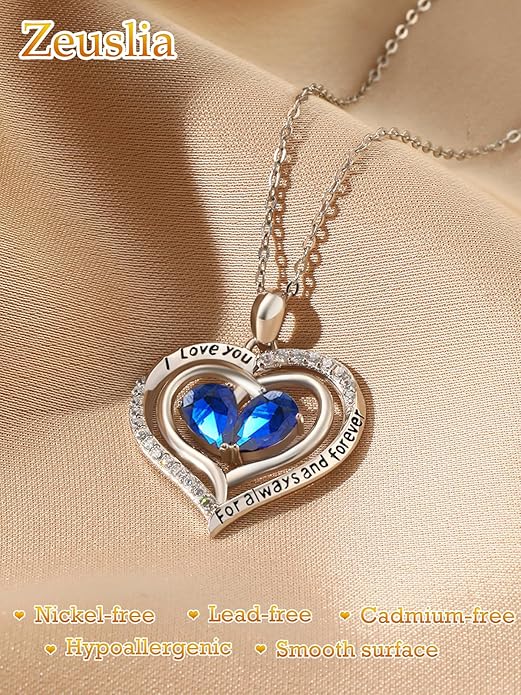 Zeuslia Double Birthstone Necklace Gifts for Wife - 925 Sterling Silver Sunflower/Rose/Crown Cross/Compass/Heart Pendant I Love You Necklace, Anniversary Birthday Gifts for Wife Girlfriend Mom Her