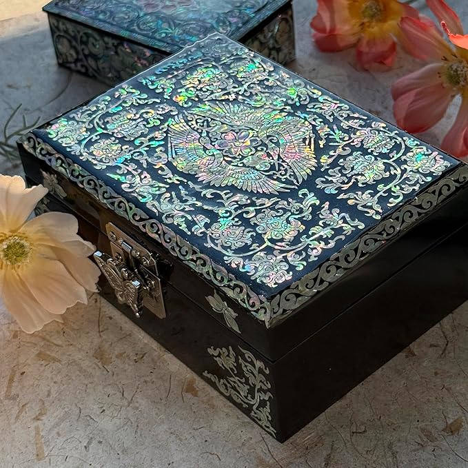 Nacreh Mother of Pearl Korea Traditional Arabesque Jewelry Ring Necklace Mini Trinket Wooden Box - Inlay with Sea Shell Gifts for Women