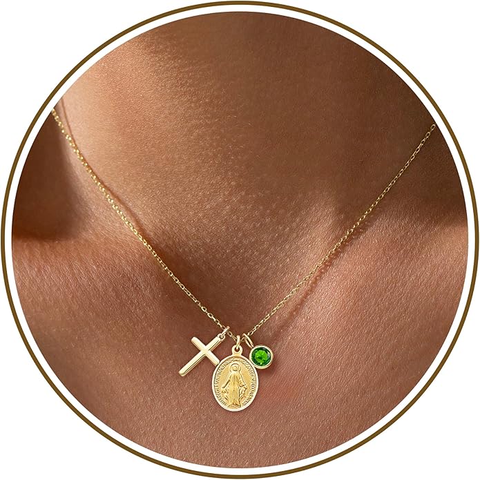 Gold Cross Necklaces for Women, 1-12 Birthstone Necklace Stocking Stuffers for Her Faith Confirmation Gifts for Teen Girls Virgin Mary Necklace Gifts for Christians Birthday Baptism Religious Jewelry