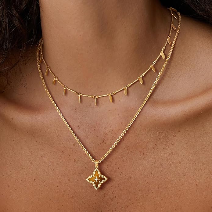 Fettero Gold Clover Necklace for Women Dainty 14K Gold Plated CZ Pendant Necklace Adjustable Chain Choker Charm Colorful Clover Pendant Lucky Necklaces for Women Jewelry
