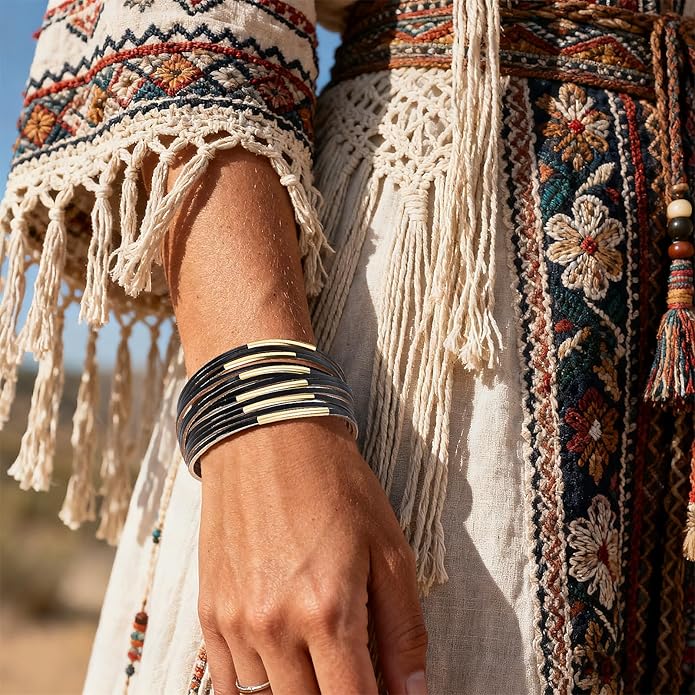 ENGCKSHI Wrapped Bracelets for Women,Leather Bracelet,Boho Bracelets for Women,Multi-Layer Pearl Crystal Bracelet Bangle Jewelry