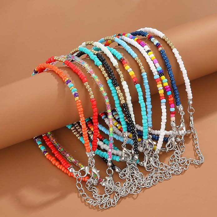 XIJIN 8Pcs Handmade Beaded Anklets for Women Boho Colorful Beads Ankle Bracelets Adjustable Foot Anklet Set