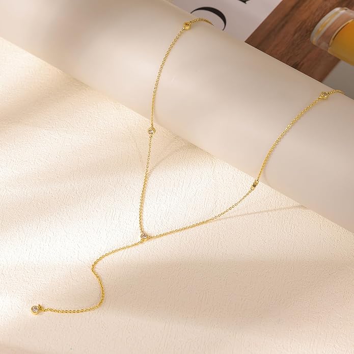 Gold Necklace for Women, Dainty Gold Long Necklaces 14k Gold Plated Prom Bar CZ Lariat Necklace Simple Choker Necklaces for Women Trendy Boho Fashion Costume Jewelry Womens