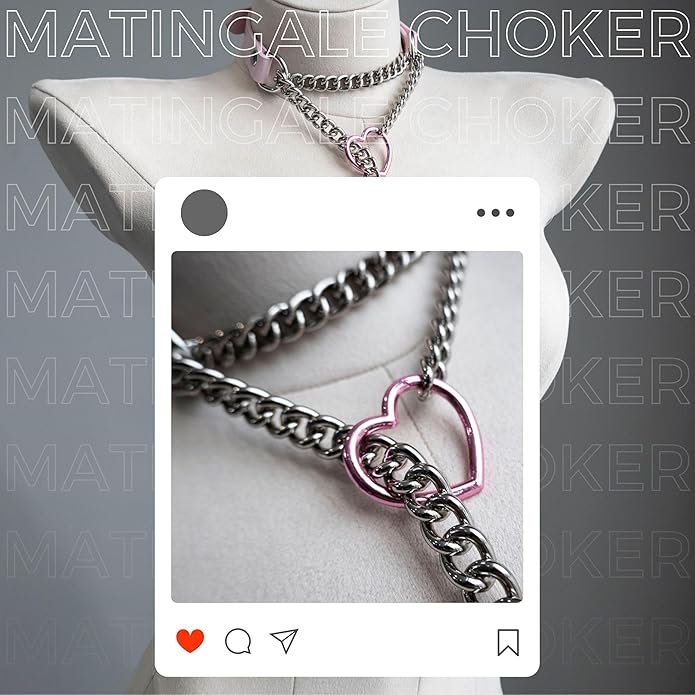 Handmade Black Heart Choker Collar For Women, Punk Gothic O-ring Slip Chain Necklace with Adjustable Vegan Leather Buckle