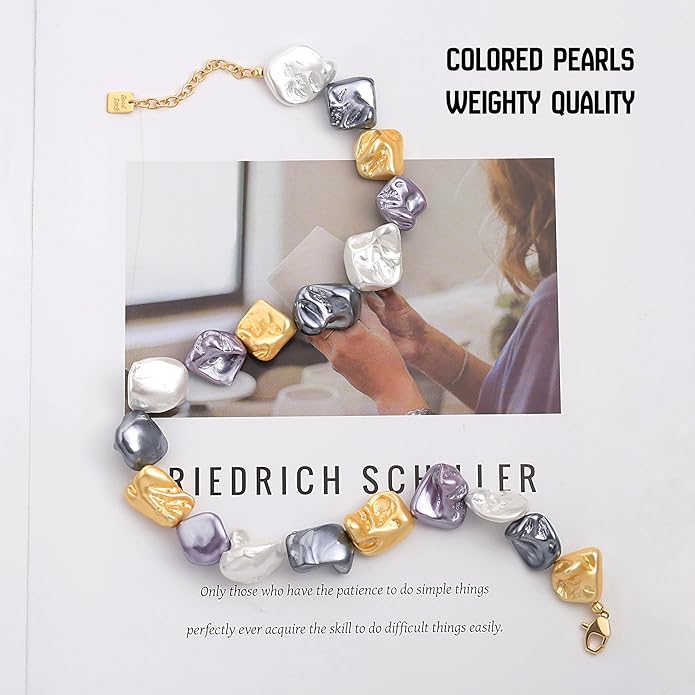 Chunky Statement Stone Beaded Necklace, Big Baroque Pearl Gold Choker, Trendy Boho Colorful Stone Jewelry