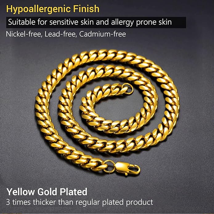 PROSTEEL 316L Stainless Steel Figaro Cuban Chain Necklace for Men, Black/18K Real Gold Plated, 4/5/6/7.5/9/10/13mm, 14inch-30inch, Come with Box