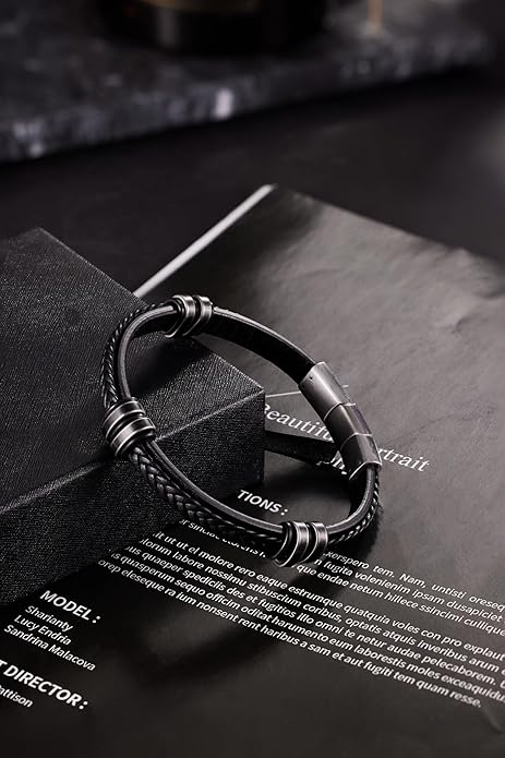 Leather Bracelet for Men with Adjustable Stainless Steel Magnetic Clasp Multi-Layer Braided Mens Leather Bracelet