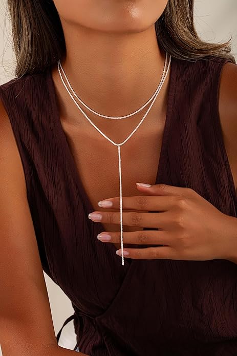 Gold and Silver Plated Layered Long Necklace for Women, Statement Y Body Chain, Sexy Dangle Drop Beach Boho Bolo Cleavage Necklace for Vacation or Prom