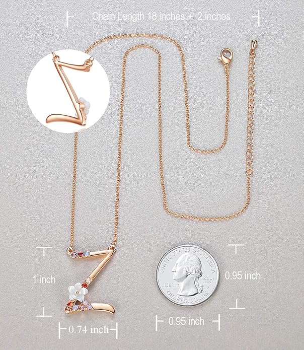Flower Initial Letter Necklace Pink Red Blue Simulated Pearl Pendant Name Jewelry Made with Austrian Crystals Rose Gold Plated Anniversary Birthday Gifts for Women,18"+2"